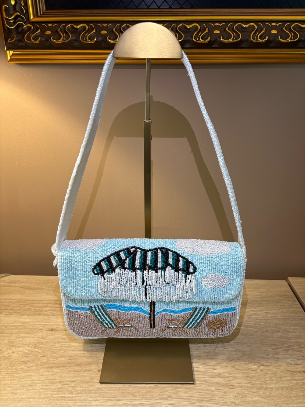 NWT MADE IN INDIA Beaded Beach Umbrella Shoulder Bag in Light Blue